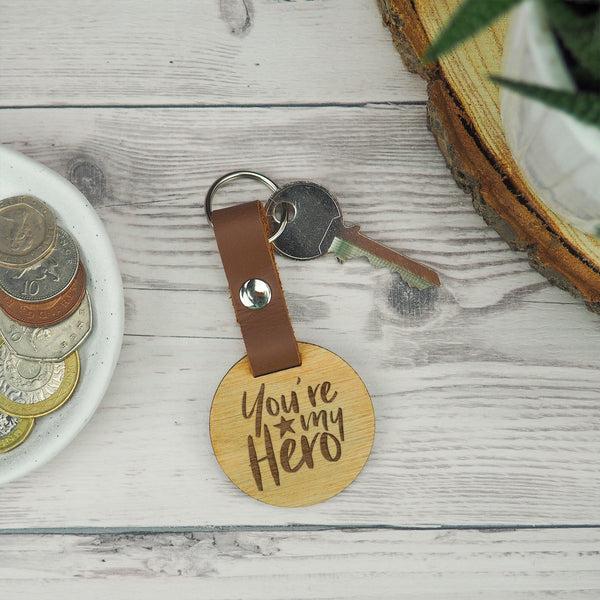 dust and things Engraved 'You're My Hero' Wooden Keyring For Dad
