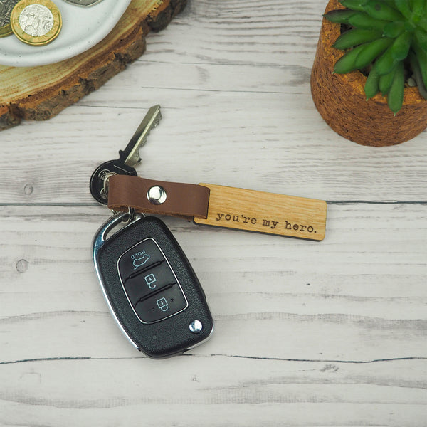 dust and things Engraved "You're My Hero" Wooden Keyring