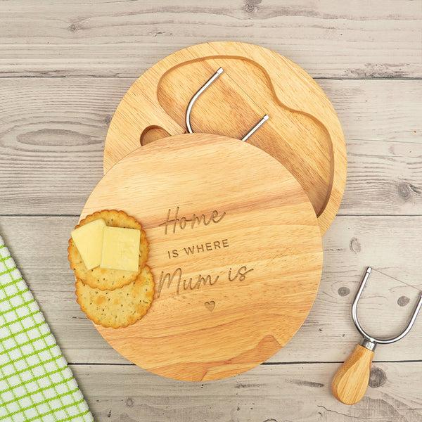 Dust And Things Home Is Where Mum Is Cheese Board Set - Engraved Wooden Cheese Board And Tool Set