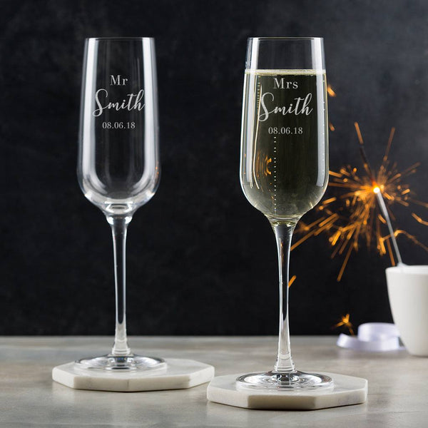 dust and things Pair Of Mr & Mrs Personalised Champagne Flutes