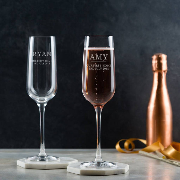 dust and things Pair Of Personalised Champagne Flutes - Engraved Housewarming Gift