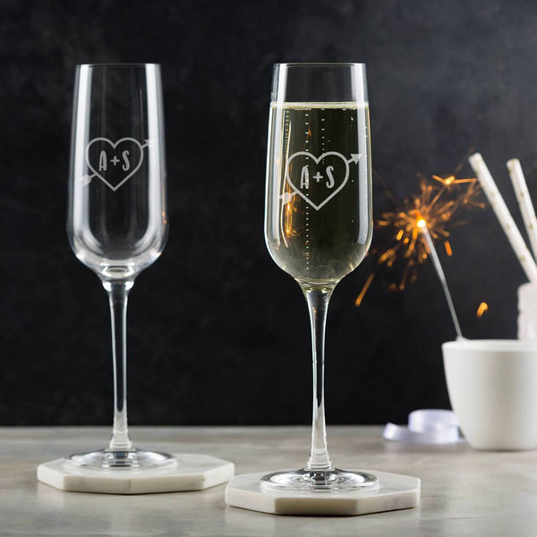 Dust And Things Personalised Carved Heart Champagne Pair Of Flutes For Couples