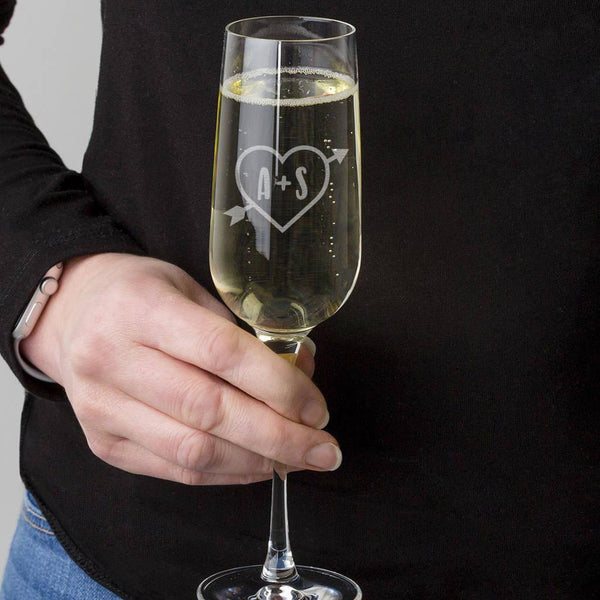 dust and things Personalised Carved Heart Champagne Pair of Flutes For Couples