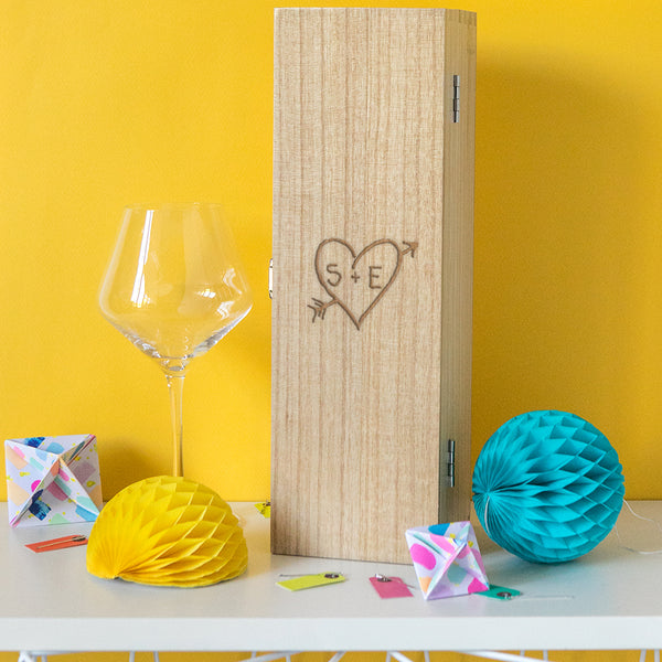 Dust And Things Personalised Carved Heart Wine Bottle Box - Couple's Anniversary Or Valentine's Day Gift