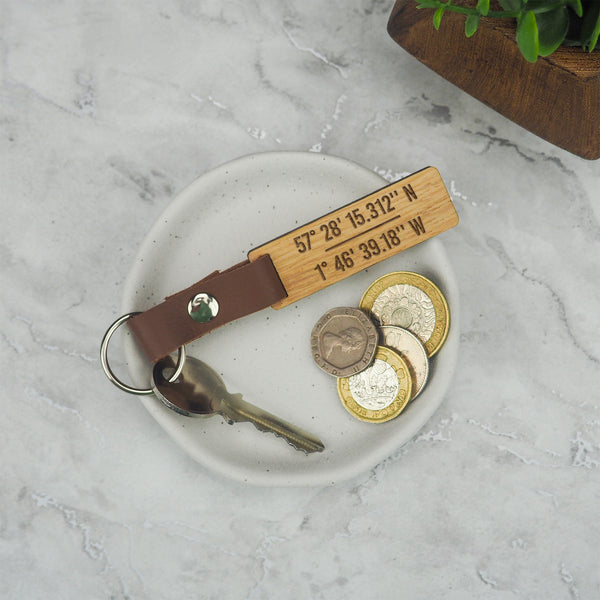 dust and things Personalised Coordinate Location Wooden Keyring
