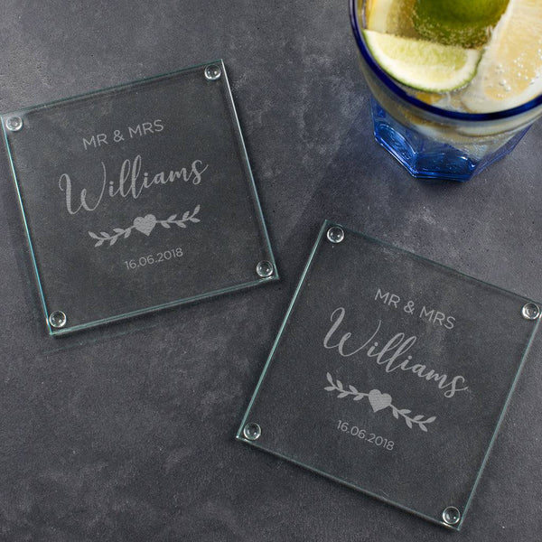 dust and things Personalised Glass Wedding Coaster Set