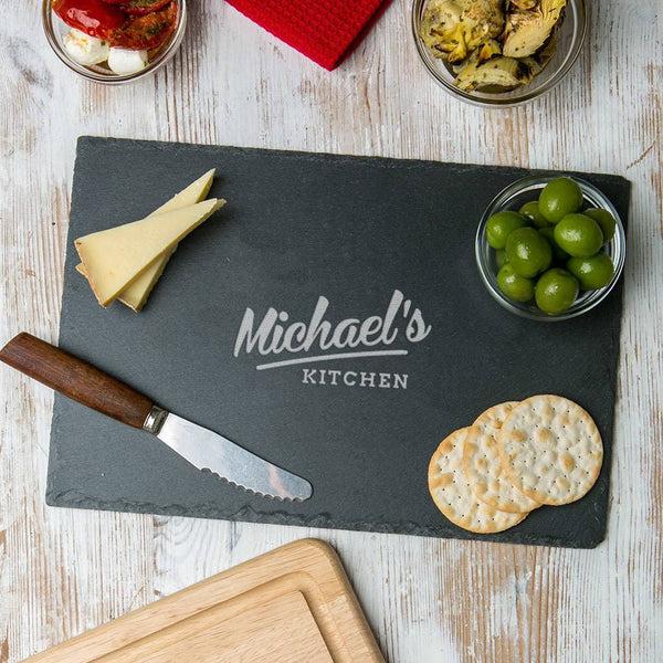dust and things Personalised Natural Slate His Kitchen Serving Board
