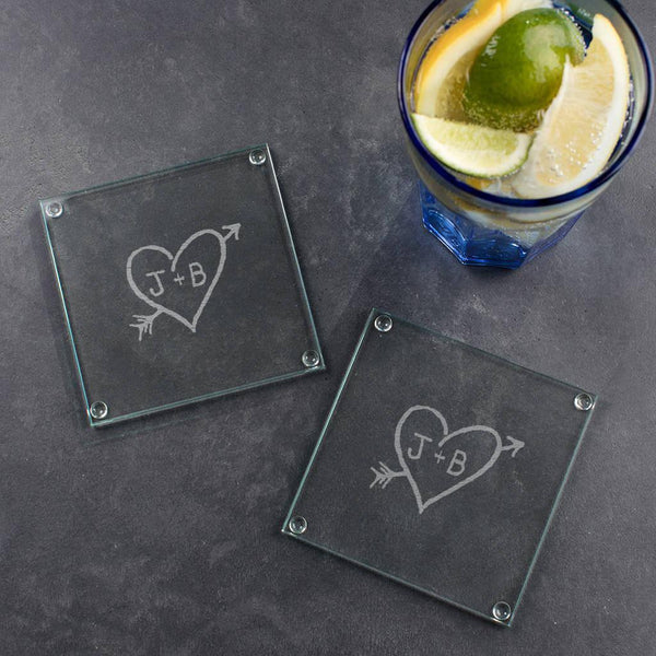 dust and things Personalised Pair Of Carved Heart Glass Coasters