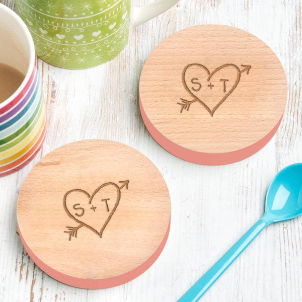 dust and things Personalised Set Of Two Carved Heart Coasters