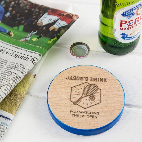 dust and things Personalised Tennis Coaster - Unique Fathers Day / Birthday Gift - Wooden Painted Coaster