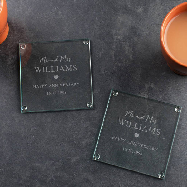 Dust And Things Personalised Wedding Glass Coaster Set