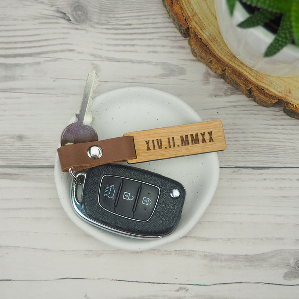 dust and things Personalised Wood And Leather Date Key Ring
