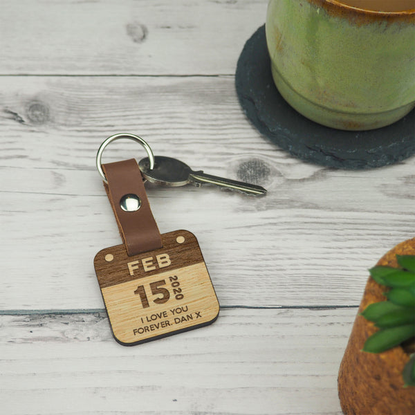 Dust And Things Personalised Wooden Calendar Date Anniversary Keyring