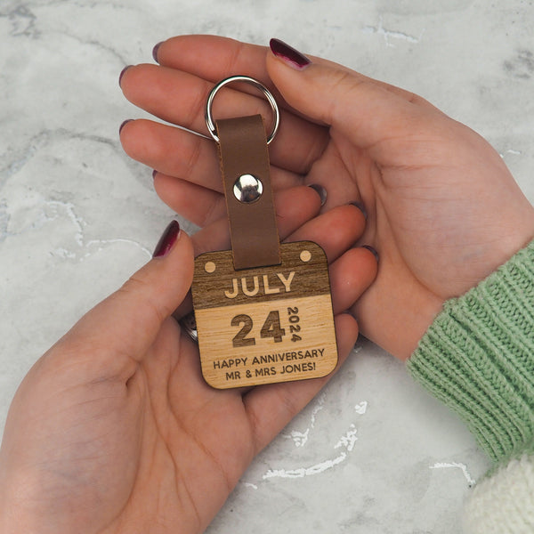 Dust And Things Personalised Wooden Calendar Date Anniversary Keyring
