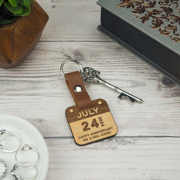 dust and things Personalised Wooden Calendar Date Anniversary Keyring