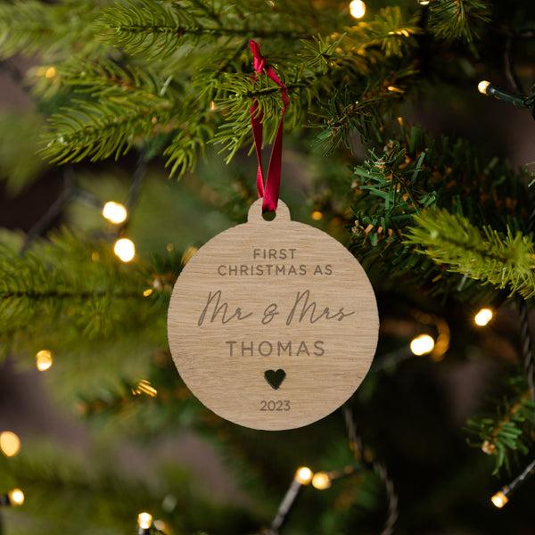 dust and things Personalised Wooden Christmas Bauble For Newlyweds