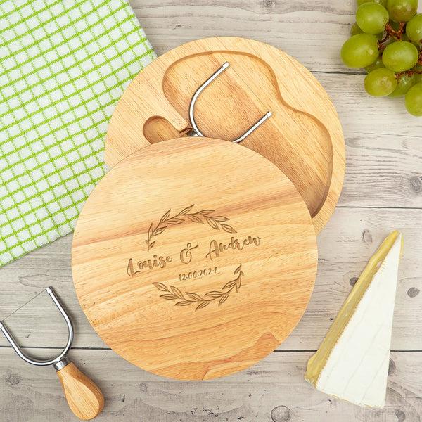 Dust And Things Personalised Wreath Couple's Cheese Board Set - Wedding Gift For Newlyweds