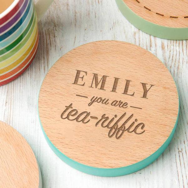 dust and things Personalised 'You Are Tea Riffic' Coloured Edge Coaster