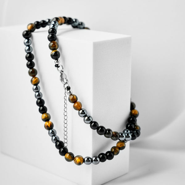 Duxot Atlantica Stone Beaded Necklace Hematite Tiger Eye Onyx Stones
