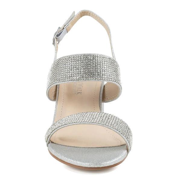 Dyeables Ares Rhinestone Covered Silver Glitter Block Heel Sandals Shoes