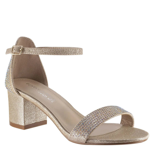 dyeables Astra Rinestone Covered Champagne Glitter Low Block Heel Sandals Shoes