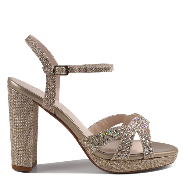 Dyeables Ava Rinestone Covered Champagne Glitter High Stable Platform Sandals Shoes