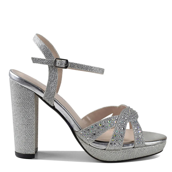 Dyeables Ava Rinestone Covered Silver Glitter High Stable Platform Sandals Shoes