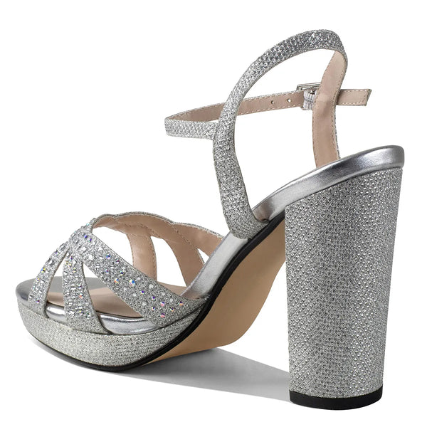 Dyeables Ava Rinestone Covered Silver Glitter High Stable Platform Sandals Shoes