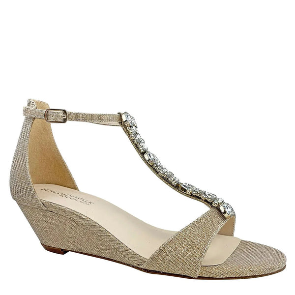 dyeables Beatrix Champagne Glitter Low Wedge Jeweled T-Strap Sandals Shoes