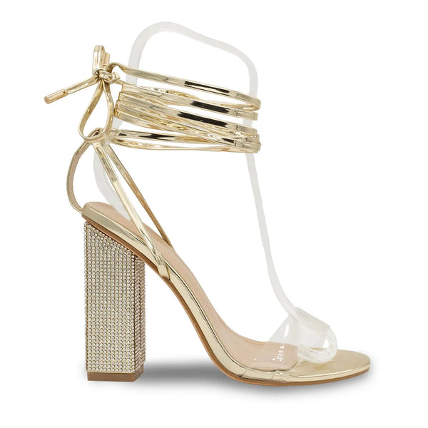 Dyeables Bowie Jeweled Encrusted High Heel Gold Mirror Lace Up Sandals Shoes