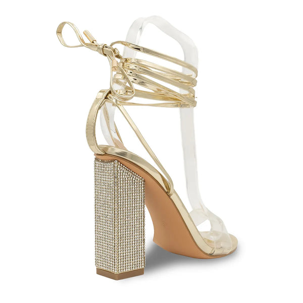 Dyeables Bowie Jeweled Encrusted High Heel Gold Mirror Lace Up Sandals Shoes
