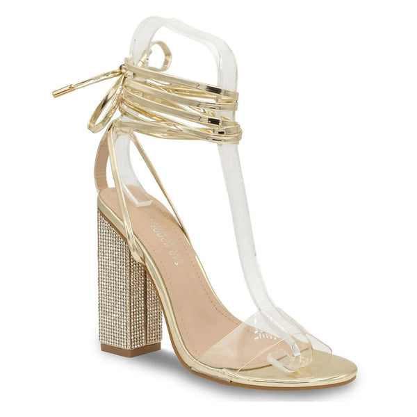 dyeables Bowie Jeweled Encrusted High Heel Gold Mirror Lace Up Sandals Shoes