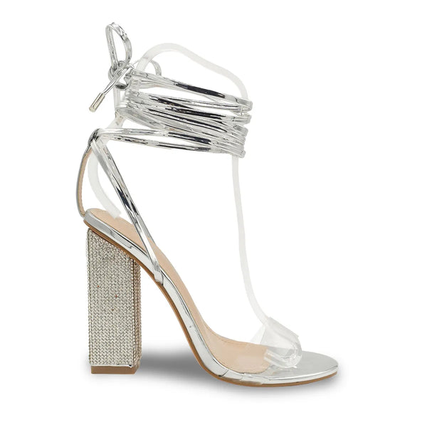Dyeables Bowie Jeweled Encrusted High Heel Silver Mirror Lace Up Sandals Shoes