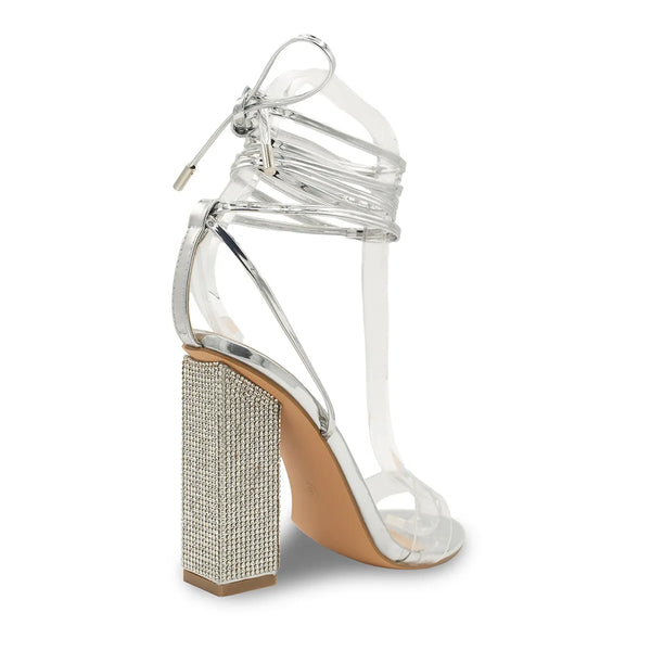 Dyeables Bowie Jeweled Encrusted High Heel Silver Mirror Lace Up Sandals Shoes
