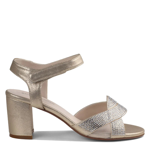 Dyeables Cam Champagne Block Heel Sandals With Velcro Closure And Stones Shoes
