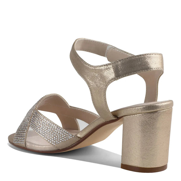 Dyeables Cam Champagne Block Heel Sandals With Velcro Closure And Stones Shoes