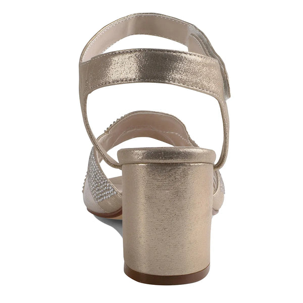 Dyeables Cam Champagne Block Heel Sandals With Velcro Closure And Stones Shoes