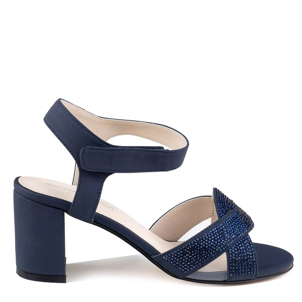 Dyeables Cam Navy Shimmer Block Heel Sandals With Velcro Closure And Stones Shoes