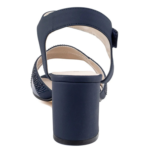 Dyeables Cam Navy Shimmer Block Heel Sandals With Velcro Closure And Stones Shoes