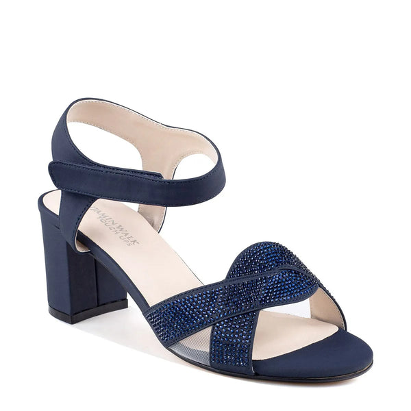 dyeables Cam Navy Shimmer Block Heel Sandals With Velcro Closure and Stones Shoes