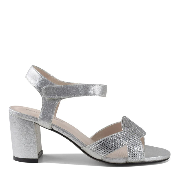 Dyeables Cam Silver Shimmer Block Heel Sandals With Velcro Closure And Stones Shoes