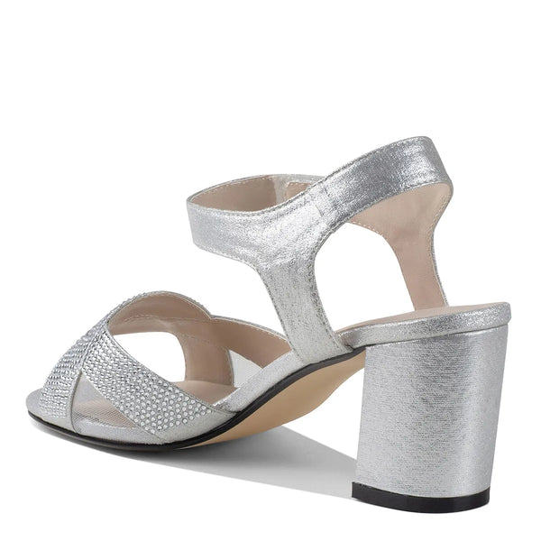 Dyeables Cam Silver Shimmer Block Heel Sandals With Velcro Closure And Stones Shoes