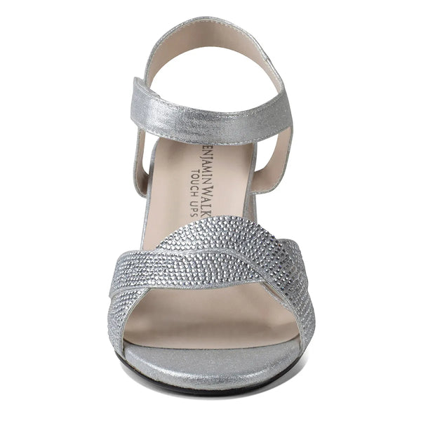 Dyeables Cam Silver Shimmer Block Heel Sandals With Velcro Closure And Stones Shoes