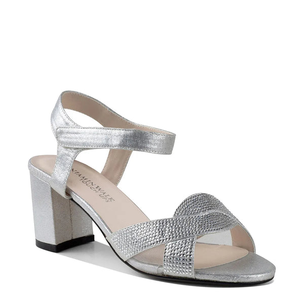 dyeables Cam Silver Shimmer Block Heel Sandals With Velcro Closure and Stones Shoes