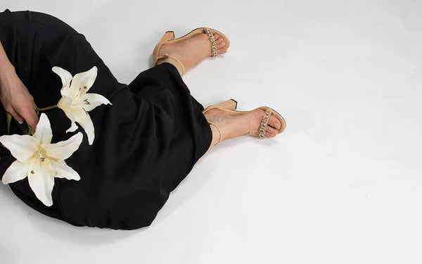 Dyeables Camila Champagne Glitter Block Heel Sandals With Jewels Shoes