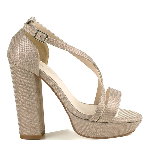 Dyeables Chloe Champagne Shimmer Block Heel Platform Sandals Shoes