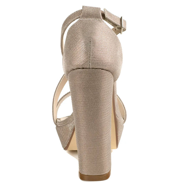 Dyeables Chloe Champagne Shimmer Block Heel Platform Sandals Shoes