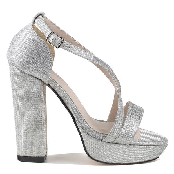 Dyeables Chloe Silver Shimmer Block Heel Platform Sandals Shoes