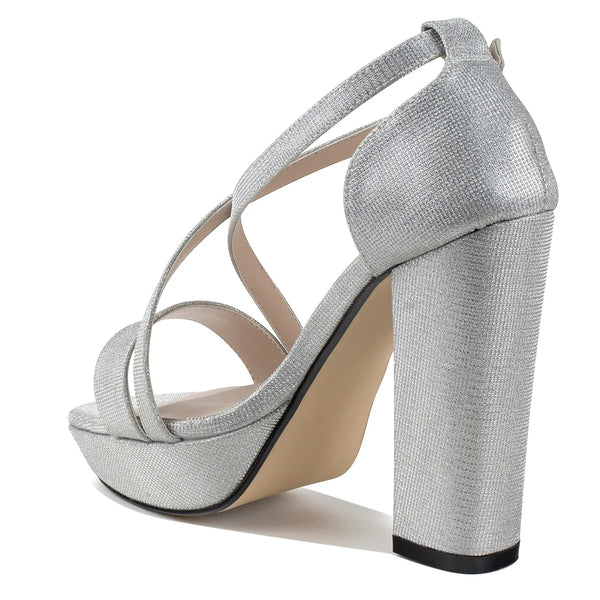Dyeables Chloe Silver Shimmer Block Heel Platform Sandals Shoes