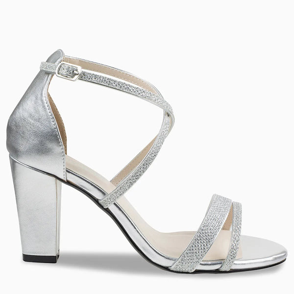 Dyeables Daphne Silver Shimmer Mid Heel Open Toe Sandals Shoes